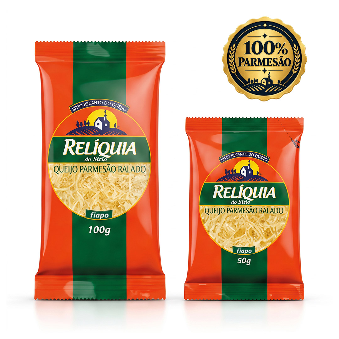 Queijo parmesão ralado Relíquia do Sítio fiapo 100 g e 50 g